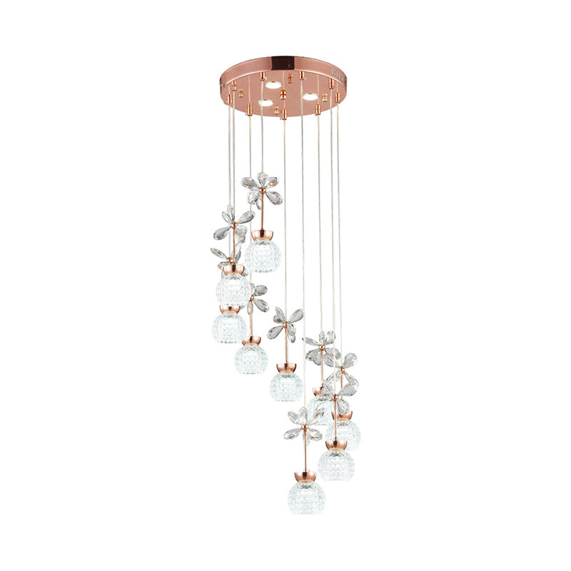 Gold Spiral Multi Pendant Ceiling Lamp - Modernist Lattice Glass 9 Bulbs Warm/White Light