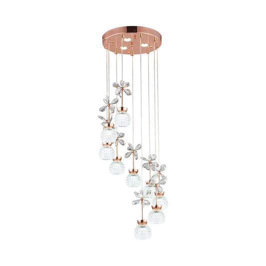 Gold Spiral Multi Pendant Ceiling Lamp - Modernist Lattice Glass 9 Bulbs Warm/White Light