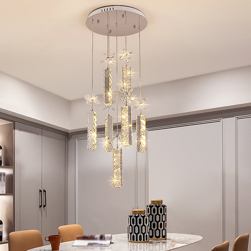 Modern LED Crystal Pendant Light with Chrome Canopy - Linear and Flower Drop Design