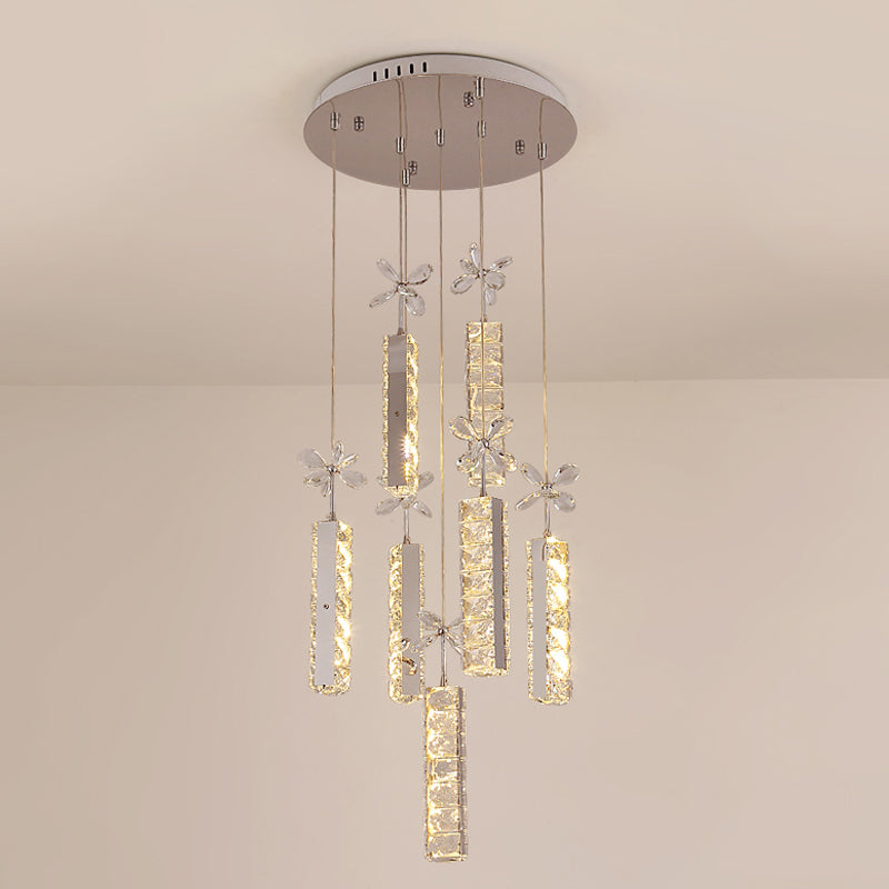 Modern LED Crystal Pendant Light with Chrome Canopy - Linear and Flower Drop Design