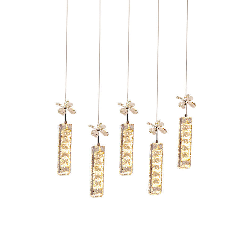 Modern LED Crystal Pendant Light with Chrome Canopy - Linear and Flower Drop Design