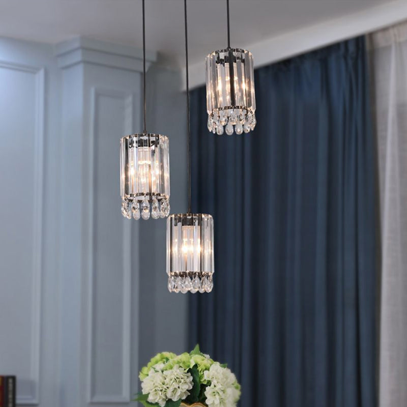 Minimalist Black Multi Pendant Light with Crystal Prisms, Cylinder Design, and 3 Heads - Available in 18" or 27" Width