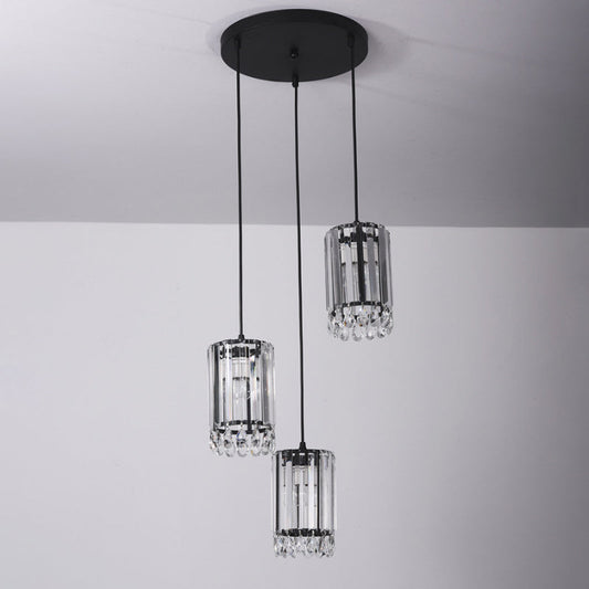 Black Cylinder Crystal Prisms Pendant Light - Minimalist Down Lighting 3 Heads 18/27 Wide