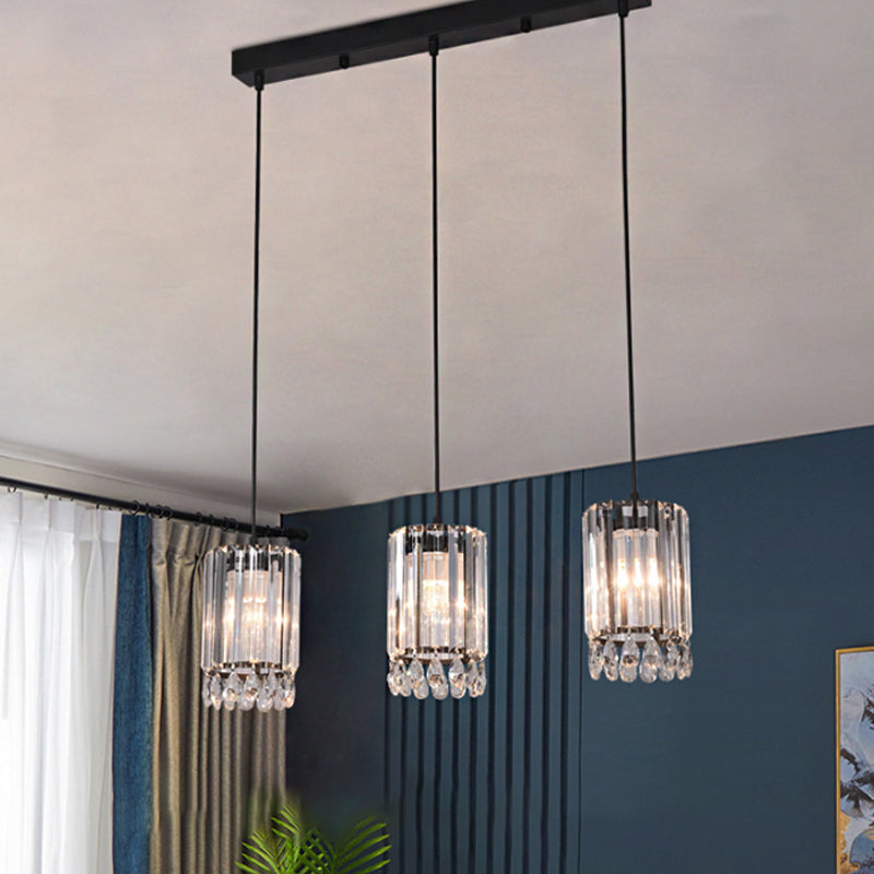 Minimalist Black Multi Pendant Light with Crystal Prisms, Cylinder Design, and 3 Heads - Available in 18" or 27" Width