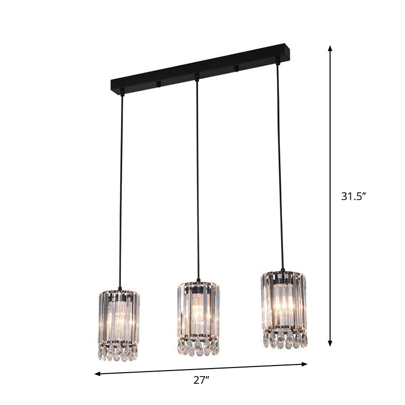 Minimalist Black Multi Pendant Light with Crystal Prisms, Cylinder Design, and 3 Heads - Available in 18" or 27" Width