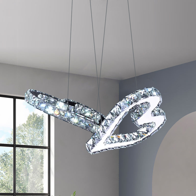 Heart Pendant Crystal LED Ceiling Lamp in Stainless Steel with Warm/White Light for Modern Bedrooms