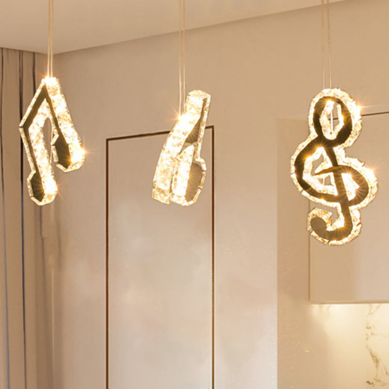 Stainless-Steel LED Crystal Suspension Light Pendant with Musical Note Design - Minimalistic, Multiple Lamps
