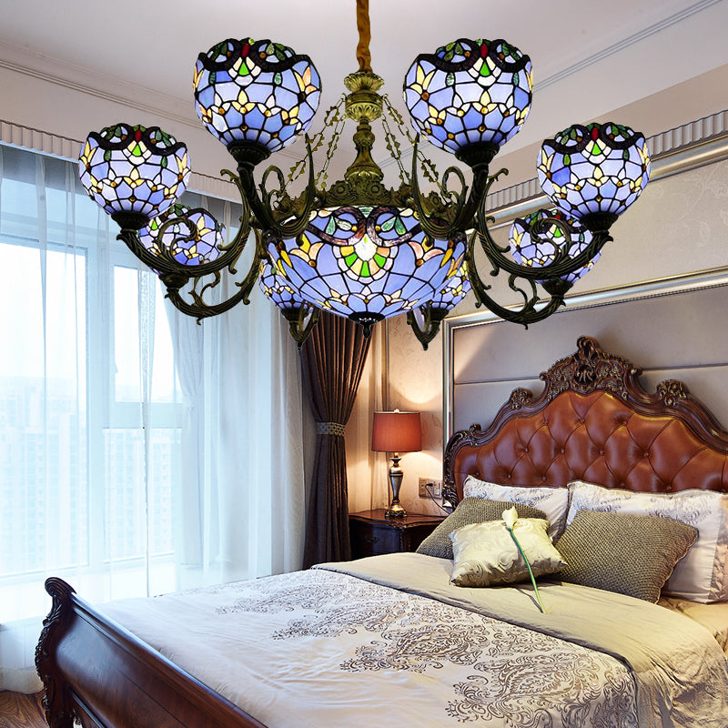 Lustre en vitrail bleu avec cloche et abat-jour en forme de dôme pour salon, inspiré des lumières commémoratives du 11 septembre