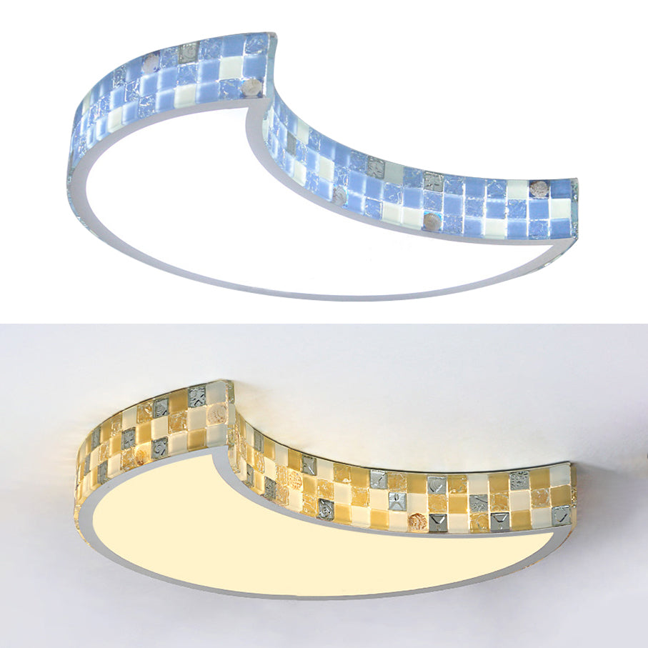 Tiffany Mosaic Glass Moon Flush Light With Led For Bedroom Ceiling