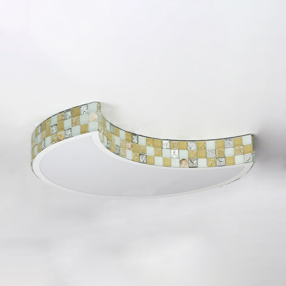 Tiffany Mosaic Glass Moon Flush Light With Led For Bedroom Ceiling
