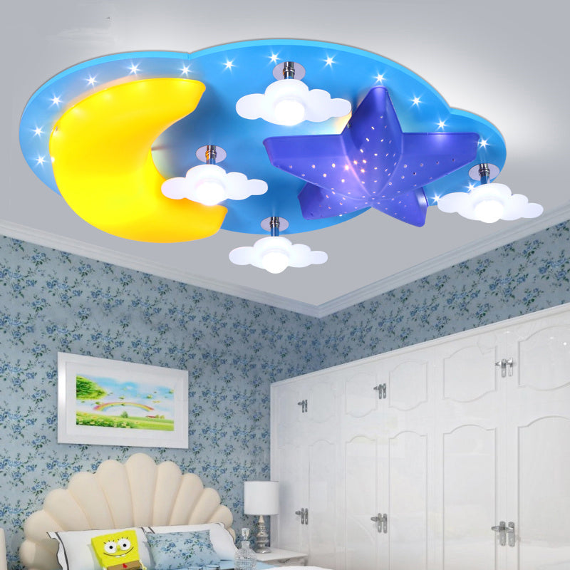 Plafonnier en bois motif dessin animé Blue Star Moon pour chambre d'enfant