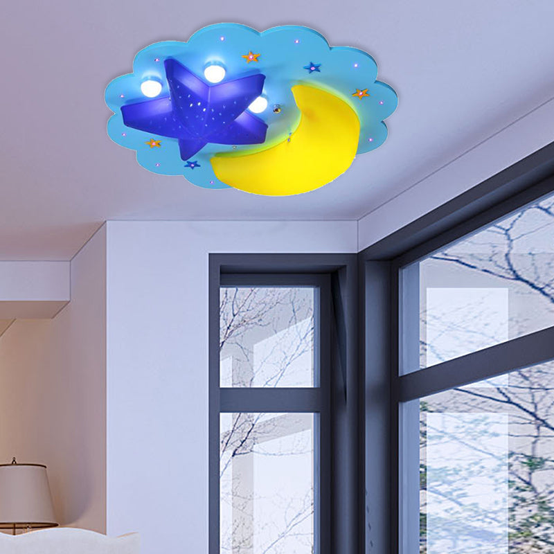 Plafonnier en bois motif dessin animé Blue Star Moon pour chambre d'enfant