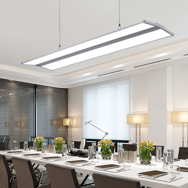 Modern Metal LED Pendant Lighting, Silver Rectangular Hanging Ceiling Lamp with White Acrylic Diffuser - 23.5"/47" Wide