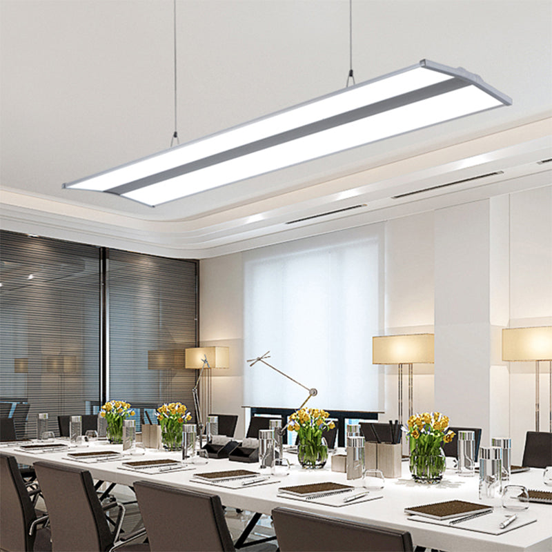 Modern Metal LED Pendant Lighting, Silver Rectangular Hanging Ceiling Lamp with White Acrylic Diffuser - 23.5"/47" Wide