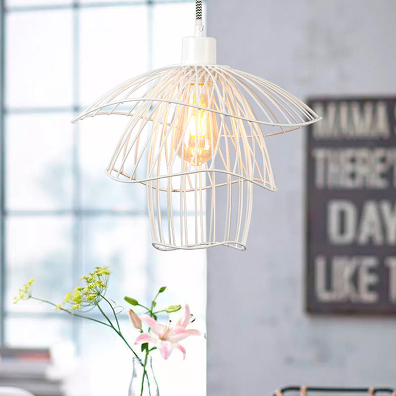 Modern Three-Tier Steel Cage Foyer Pendant Light - Black/White/Green