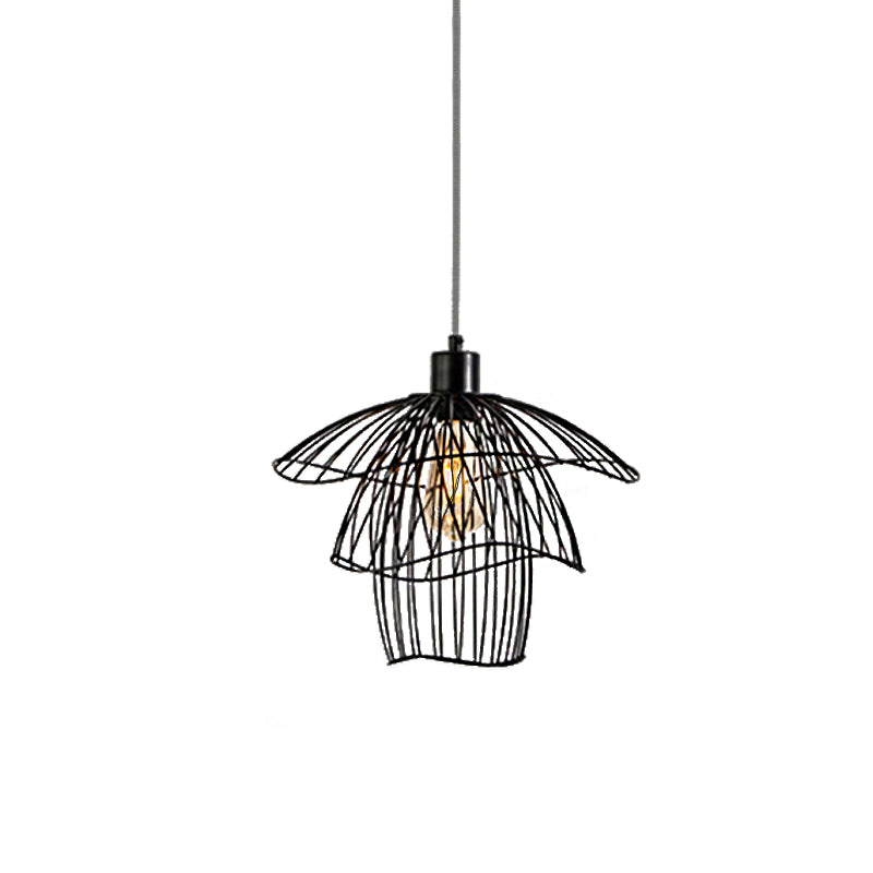 Modern Three-Tier Steel Cage Foyer Pendant Light - Black/White/Green