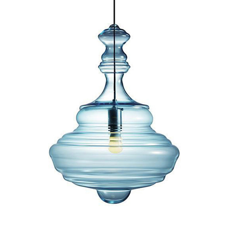 Modern Spool/Bell Pendant Light With Clear/Blue Ruffle Glass: Stylish Ceiling Lighting For Bedrooms