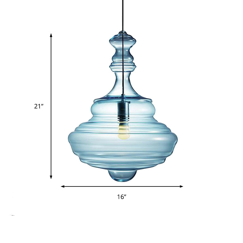 Modern Spool/Bell Pendant Light With Clear/Blue Ruffle Glass: Stylish Ceiling Lighting For Bedrooms