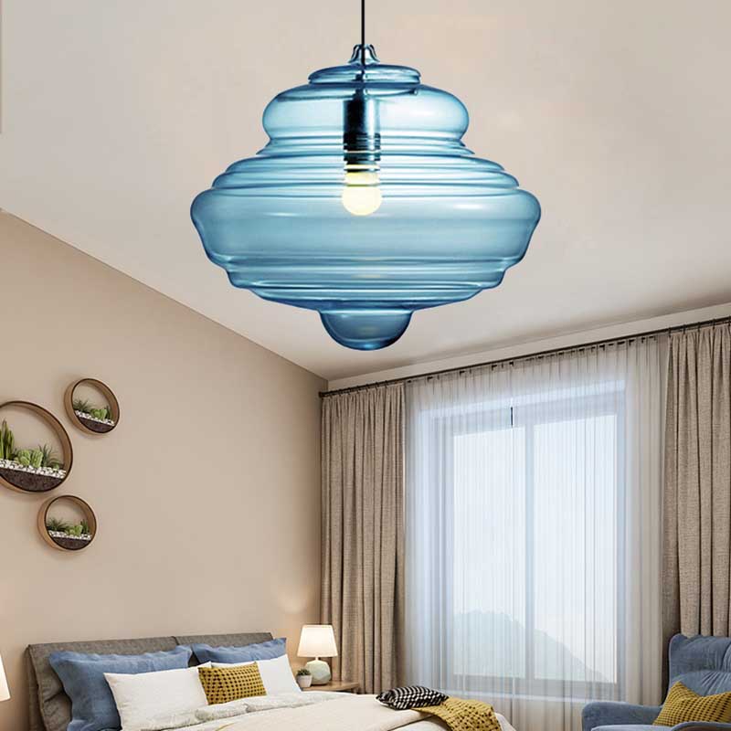 Modern Spool/Bell Pendant Light With Clear/Blue Ruffle Glass: Stylish Ceiling Lighting For Bedrooms