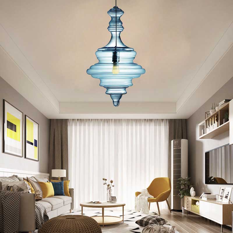 Modern Spool/Bell Pendant Light With Clear/Blue Ruffle Glass: Stylish Ceiling Lighting For Bedrooms