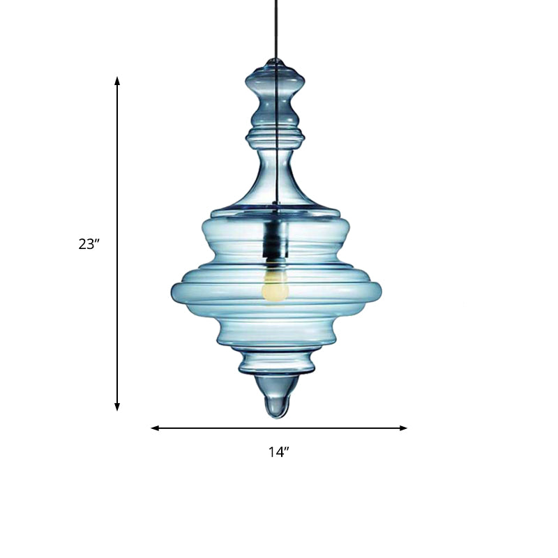 Modern Spool/Bell Pendant Light With Clear/Blue Ruffle Glass: Stylish Ceiling Lighting For Bedrooms