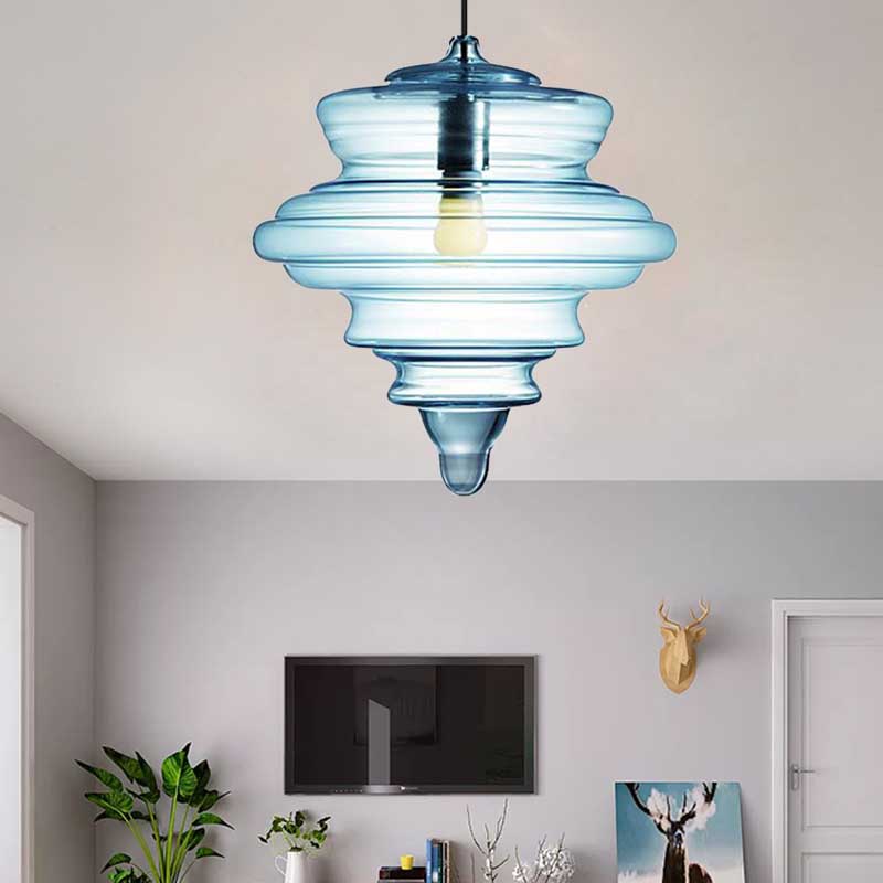 Lampe suspendue moderne en verre transparent/bleu à volants - Lampe suspendue au plafond de la chambre
