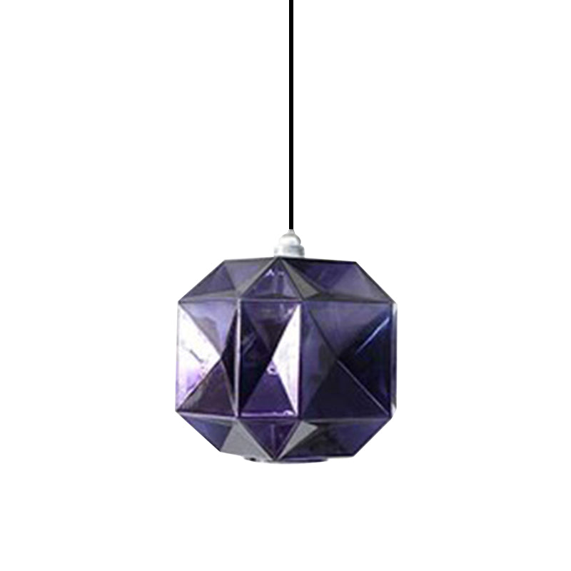 Modern Glass Diamond Pendant Light - Hanging Ceiling Light with 1 Blue/Gold/Amber Glass Light