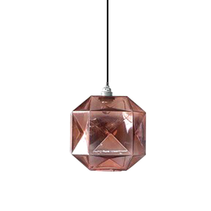 Modern Glass Diamond Pendant Light - Hanging Ceiling Light with 1 Blue/Gold/Amber Glass Light