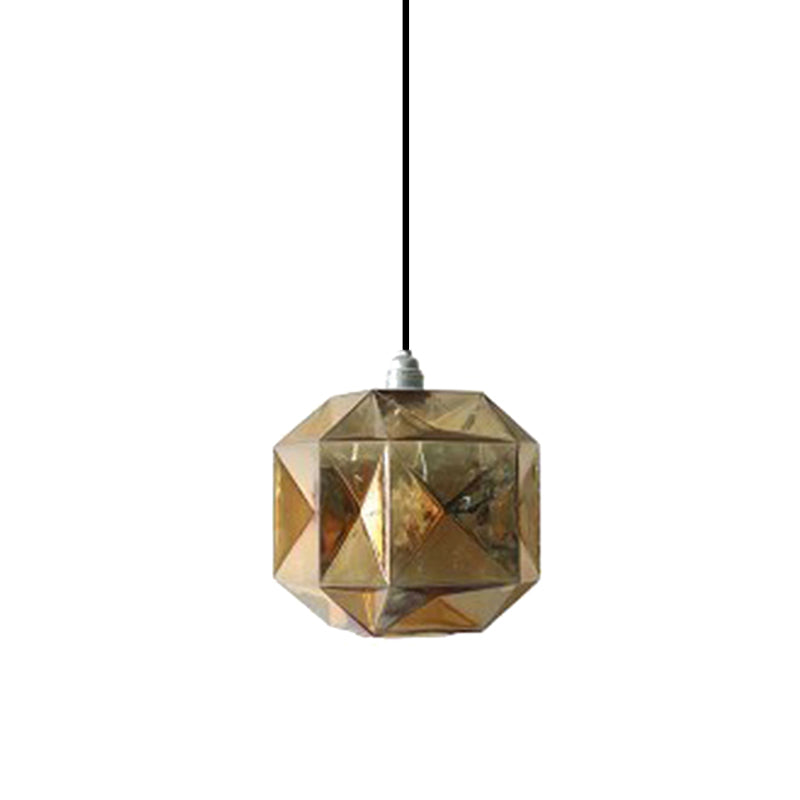 Modern Glass Diamond Pendant Light - Hanging Ceiling Light with 1 Blue/Gold/Amber Glass Light