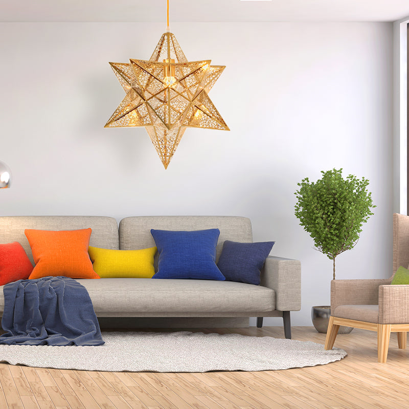 Etched Star Pendant Lighting - Post-Modern Metal Hanging Ceiling Light (14"/18" Wide) - Gold, 1 Light