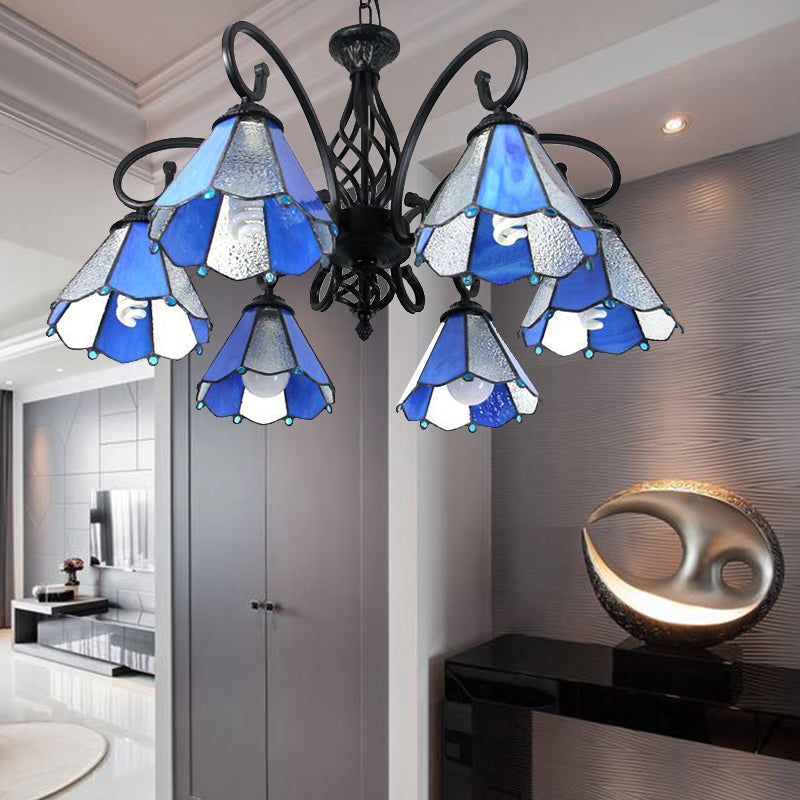 Tiffany Style Conical Glass Shade Pendant Light with 6 Green/Blue Lights for Foyer