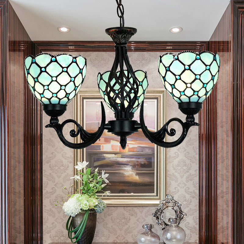 Lustre traditionnel en verre bleu avec accents de perles - 3 lumières pour l'éclairage du hall d'entrée intérieur