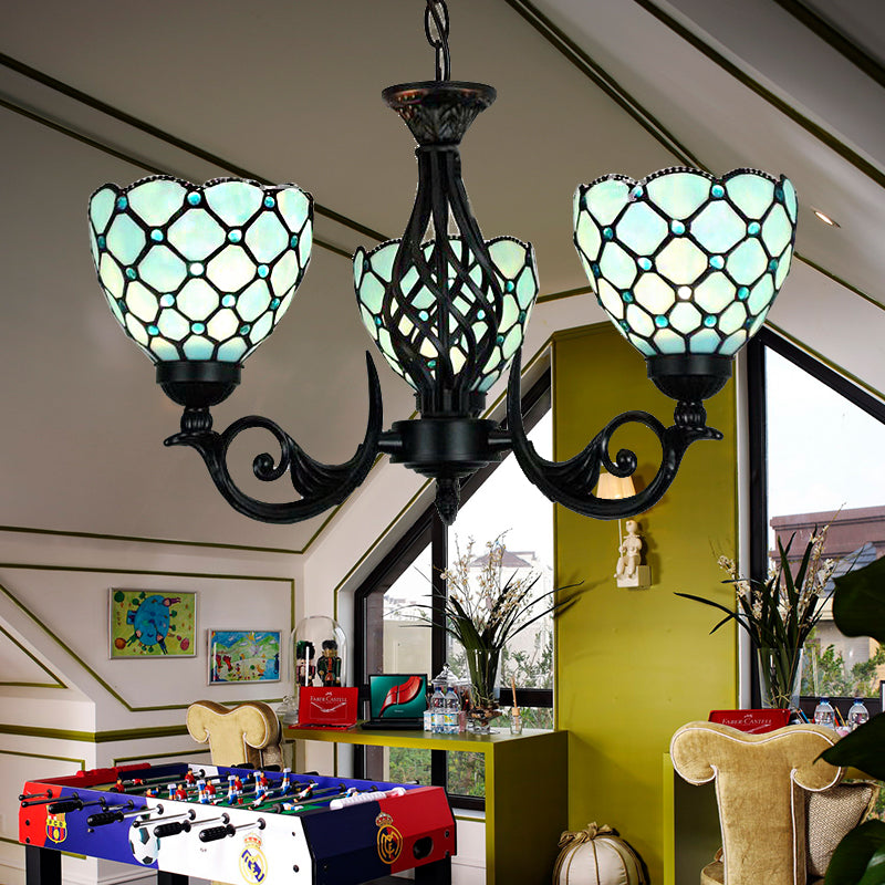 Lustre traditionnel en verre bleu avec accents de perles - 3 lumières pour l'éclairage du hall d'entrée intérieur