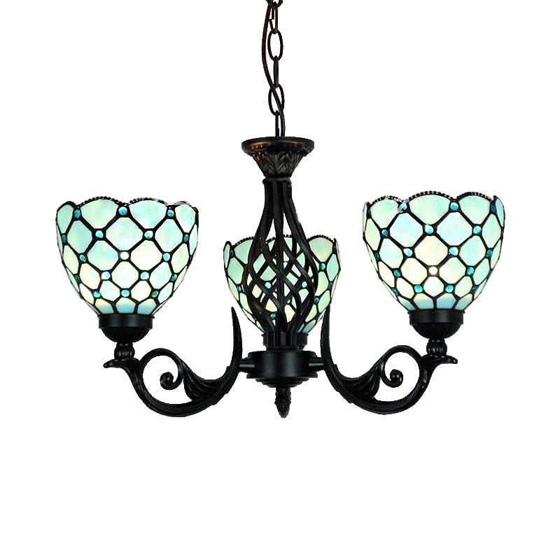 Lustre traditionnel en verre bleu avec accents de perles - 3 lumières pour l'éclairage du hall d'entrée intérieur