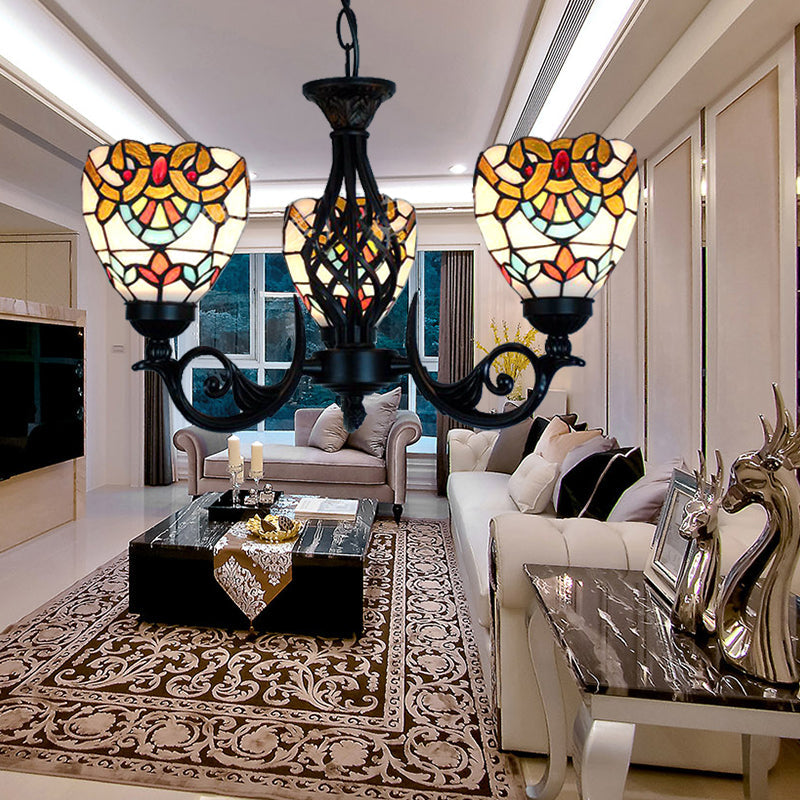 Lustre baroque en vitrail à 3 lumières pour salon en noir
