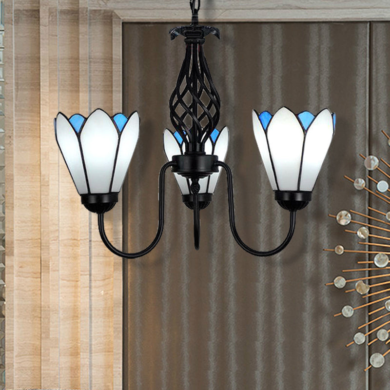 Lustre floral en verre blanc avec bras incurvé - Plafonnier suspendu à 3 lumières pour chambre traditionnelle