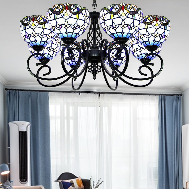 Blue/Brown Glass Baroque Chandelier with Bowl Shade and Black Finish for Foyer Ceiling