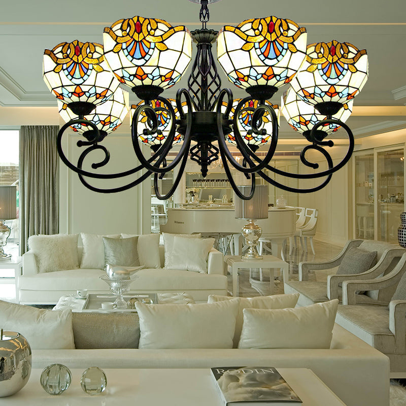 Blue/Brown Glass Baroque Chandelier with Bowl Shade and Black Finish for Foyer Ceiling