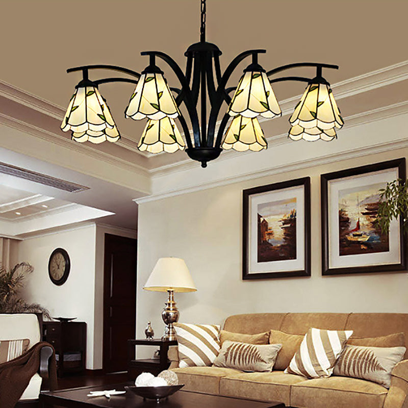 Stained Glass Cone Chandelier with Leaf Pattern - Traditional Ceiling Pendant Light in Blue/Green
