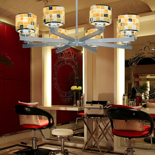 Modern Glass Mosaic Drum Chandelier - 8-Light Indoor Lighting Fixture in Blue/Yellow for Living Room