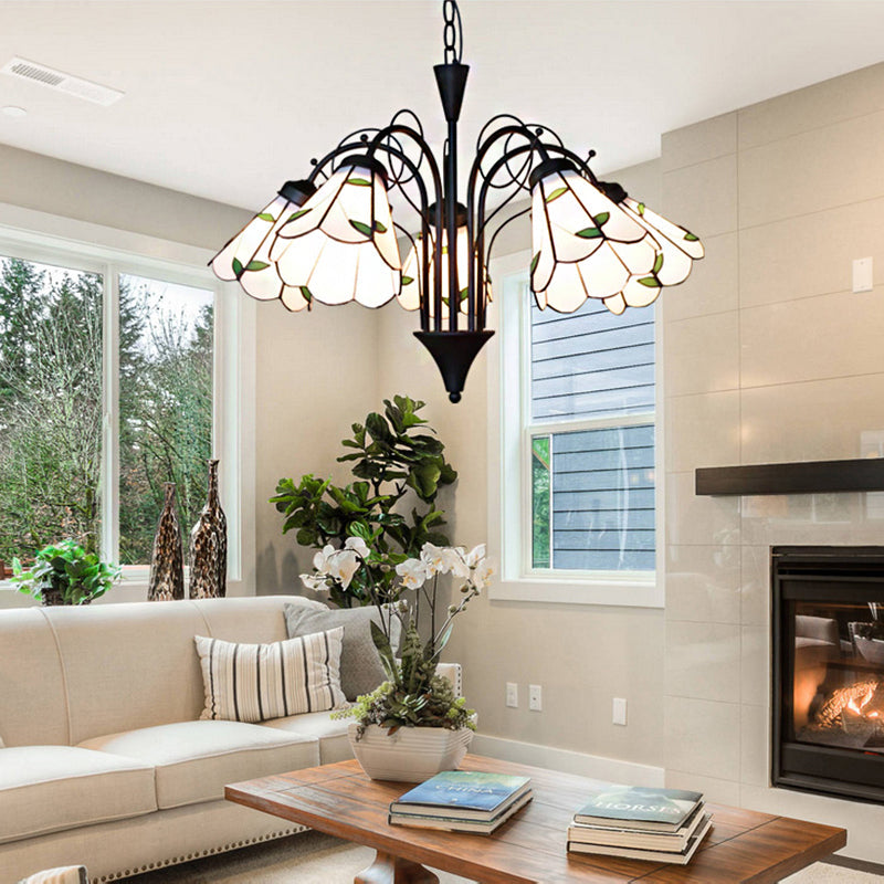 Lustre rustique en forme de feuille de vitrail avec chaîne en métal - Suspension à 5 lumières pour chambre à coucher en beige