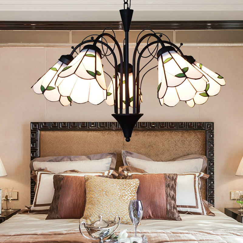 Lustre rustique en forme de feuille de vitrail avec chaîne en métal - Suspension à 5 lumières pour chambre à coucher en beige