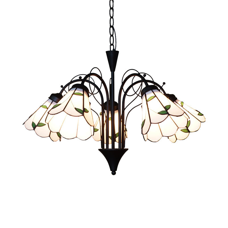Lustre rustique en forme de feuille de vitrail avec chaîne en métal - Suspension à 5 lumières pour chambre à coucher en beige