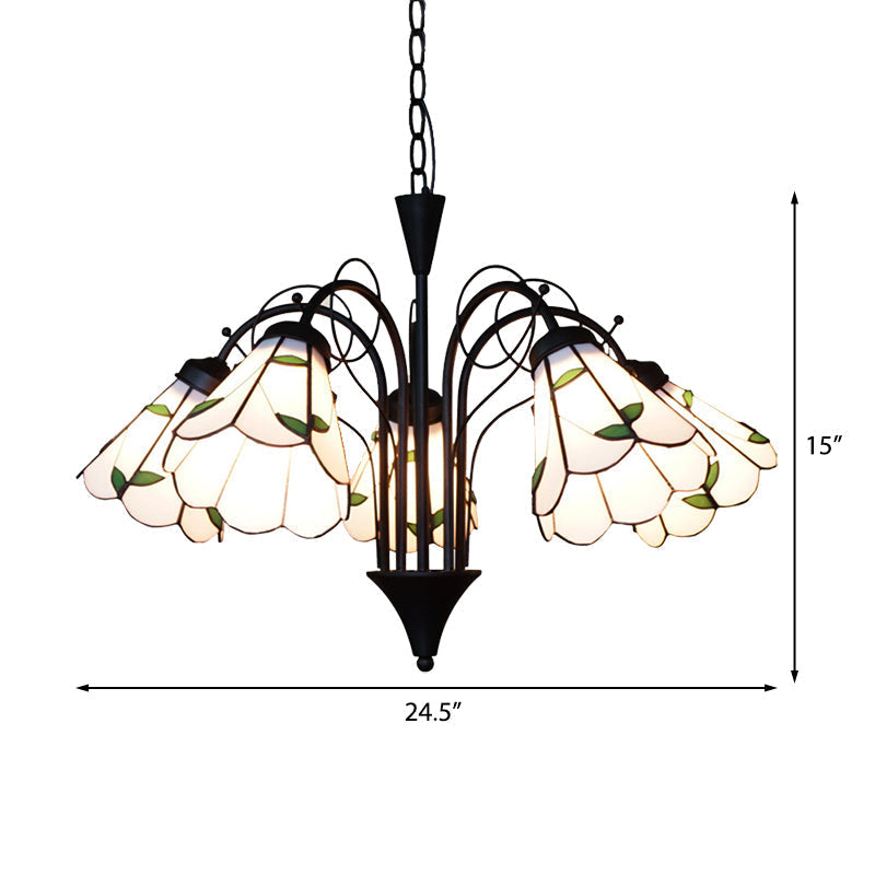 Lustre rustique en forme de feuille de vitrail avec chaîne en métal - Suspension à 5 lumières pour chambre à coucher en beige