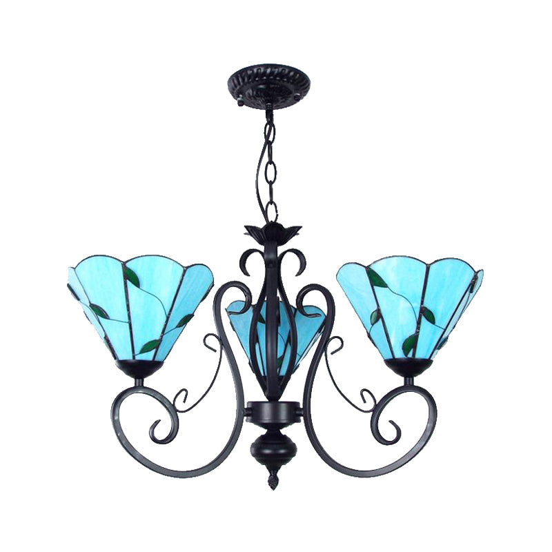 Adjustable Chain Vintage Glass Pendant Light - Leaf Ceiling Chandelier with 3 Lights in Blue/Clear for Living Room