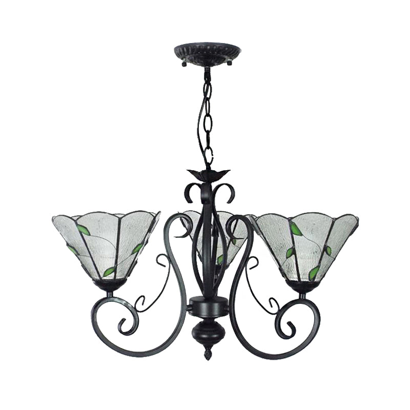 Adjustable Chain Vintage Glass Pendant Light - Leaf Ceiling Chandelier with 3 Lights in Blue/Clear for Living Room