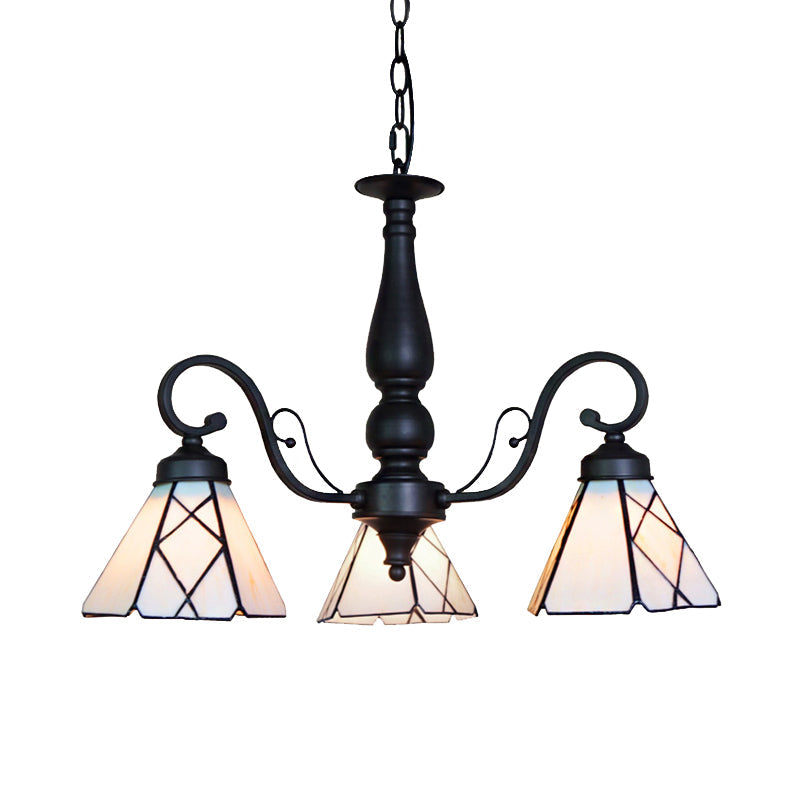 Adjustable Stained Glass Cone Chandelier with Traditional Pendant Light - 3 Lights and Rhombus/Leaf Detailing in Beige