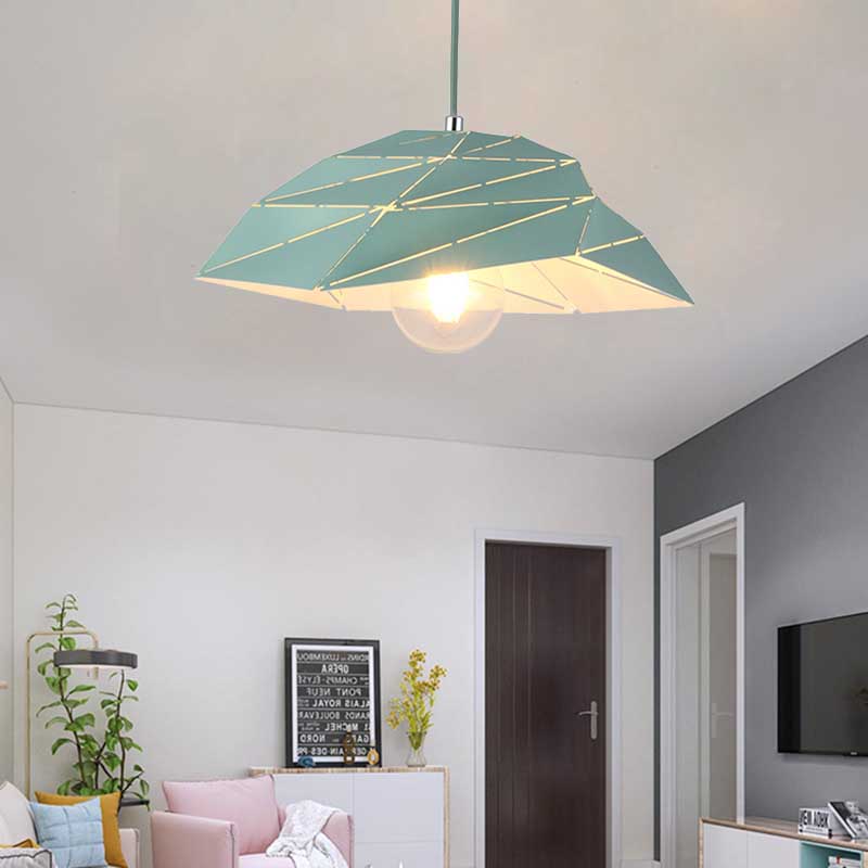Contemporary Ceiling Pendant Light with Metal Shade - Pink/Yellow/Green Asymmetrical Hanging Lamp Kit