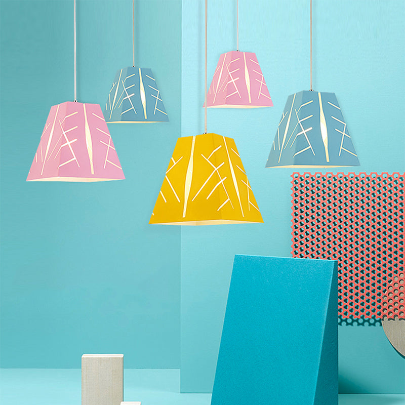 Modern Metal Pendant Ceiling Light - Pink/Yellow/Blue Tapered Hanging Lighting 1-Light