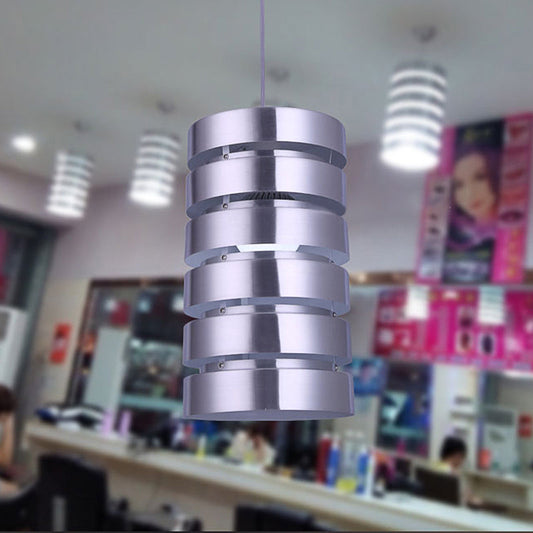 Modern Silver Cylindrical Metal Pendant Light Kit for Dining Room - 1 Head Down